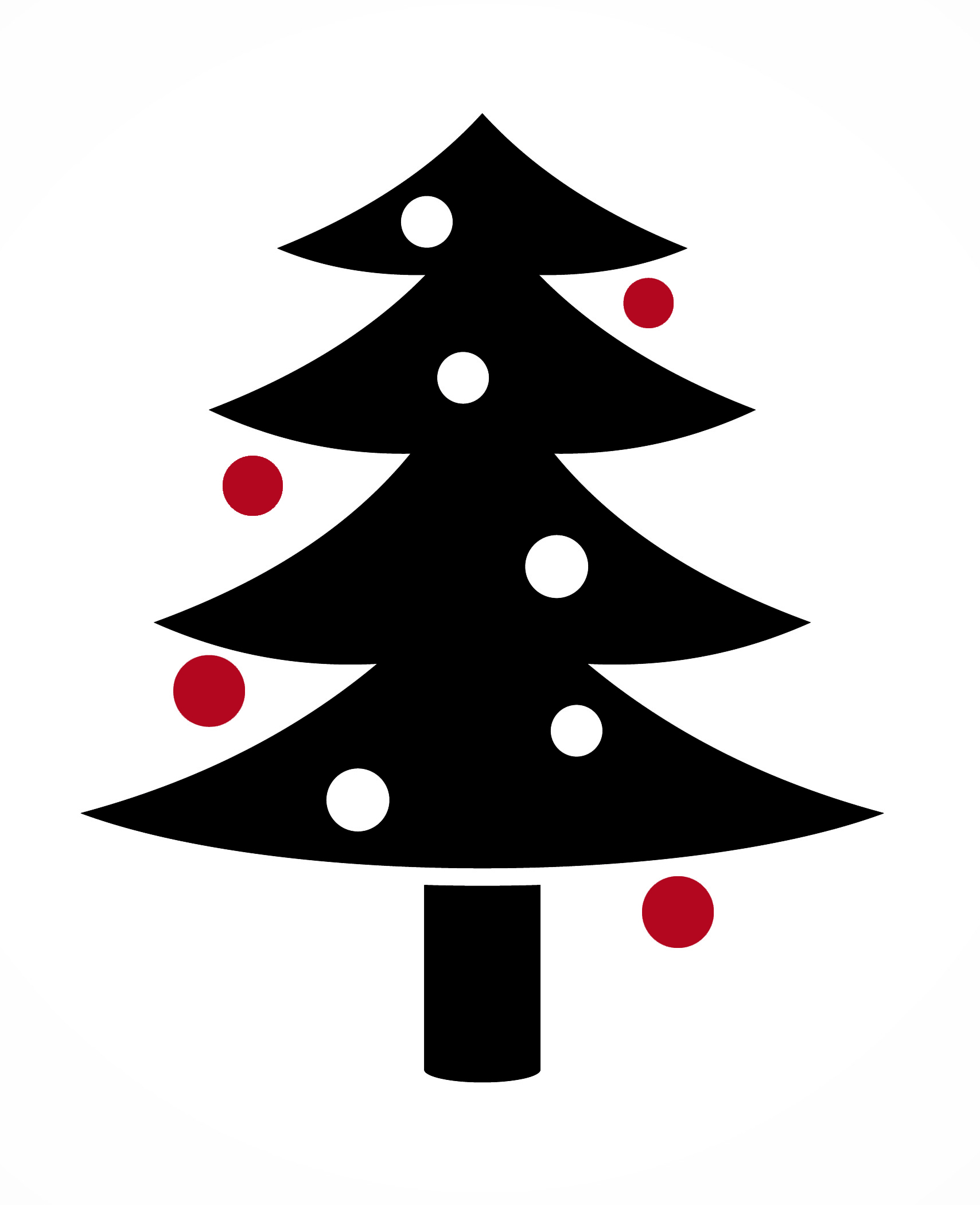 Pictogramme représentant un sapin de Noël noir avec des boules rouges et blanches